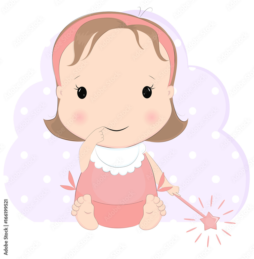 Cute baby girl with magic wand card's design. Pretty sitting kid cartoon character vector illustration. Little princess.
Cute baby girl with magic wand card's design. Pretty sitting kid cartoon character vector illustration. Little princess.
