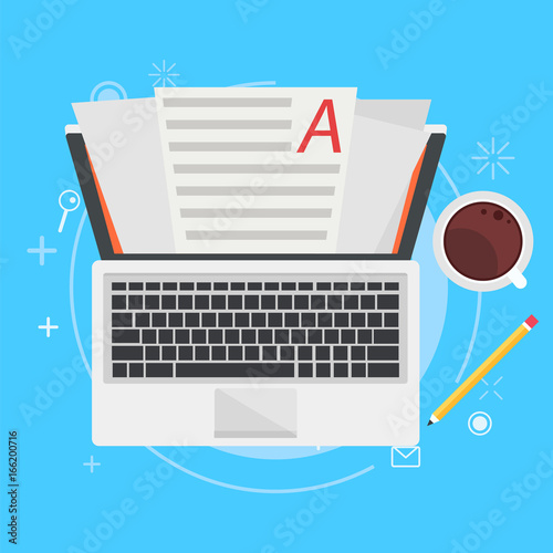 Banner copywriting. Computer with papers, coffee and pencil