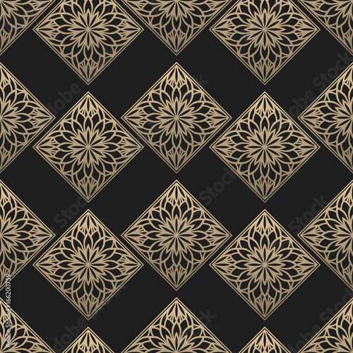 Seamless pattern oriental ornament. Black and golden textile print. Islamic vector design. Floral tiles.