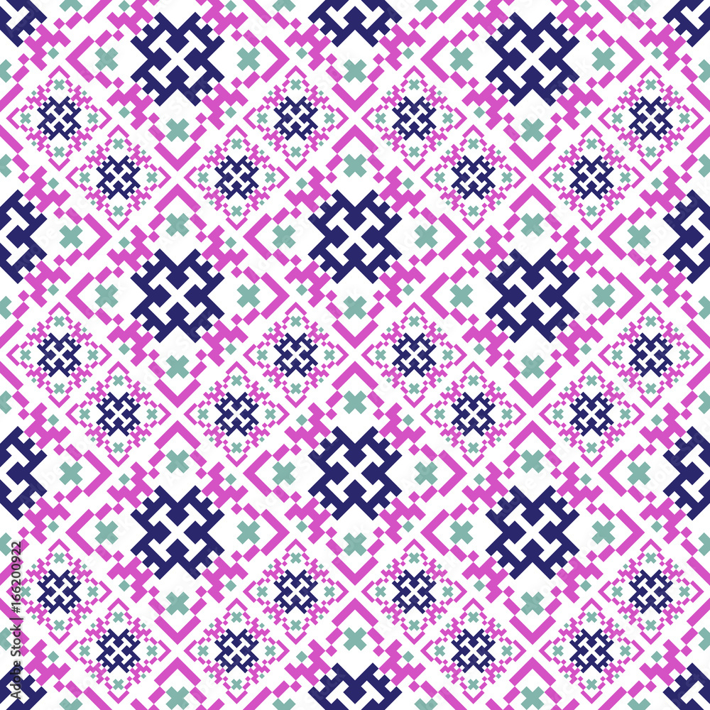 Seamless pattern with american indian style. Embroidery plaid. Dotted navajo background. Textile geo print.