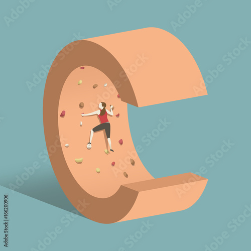 Woman climbing on a C shaped climbing wall