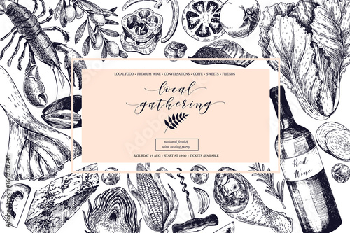 Vector hand drawn banner local gatherings. Frame composition. Wine, seafood, cheese, chicken meet, vegetables cabbage, tomato, olive, corn. Engraved art.