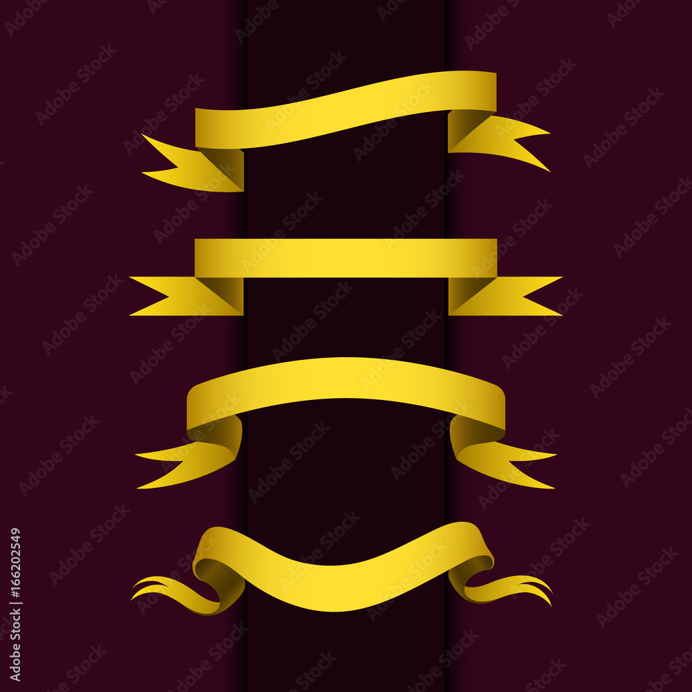 Realistic gold ribbons tape flag banner elegance graphic stitch band banner flag bow vector illustration. Realistic gold ribbons tape flag banner elegance graphic stitch band banner flag bow vector illustration.