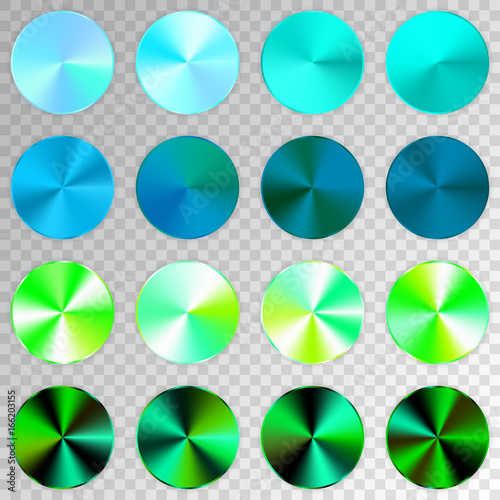 Conic gradients set, blue, green, aquamarine texture collection, shine, glowing objects. Transparent background. Vector illustration.