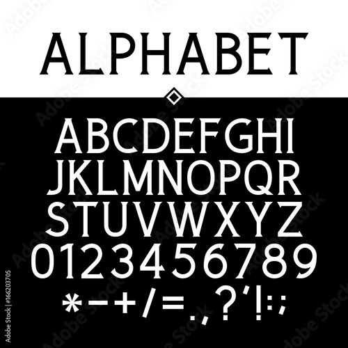 Serif Font, Black Alphabet, Numbers and Mathematical Signs, Strict Typeface, Vector Illustration