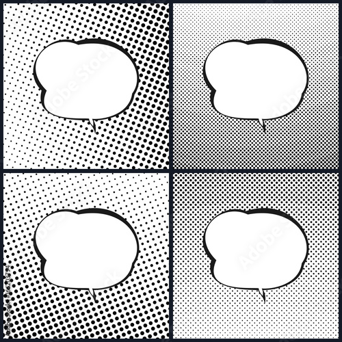 Set of Retro Style Speech Bubble , Pop Art , White Background with Black Dots , Gradient from Upper Right to Bottom Left and Vice Versa, Gradient Down Up and Vice Versa, Vector Illustration
