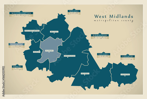 Modern Map - West Midlands metropolitan county with district labels England UK photo