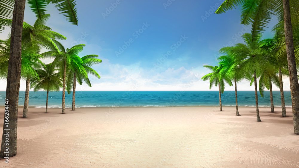 sandy beach with sea and tropical palms