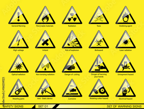 Set of safety warning signs. Signs of danger. Signs of alerts.