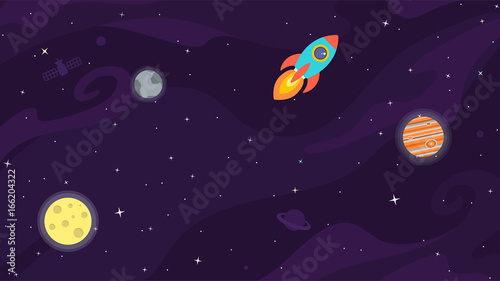 Space flat vector background with rocket, spaceship, moon, Jupiter, satellite, planets and stars. Space for your text.