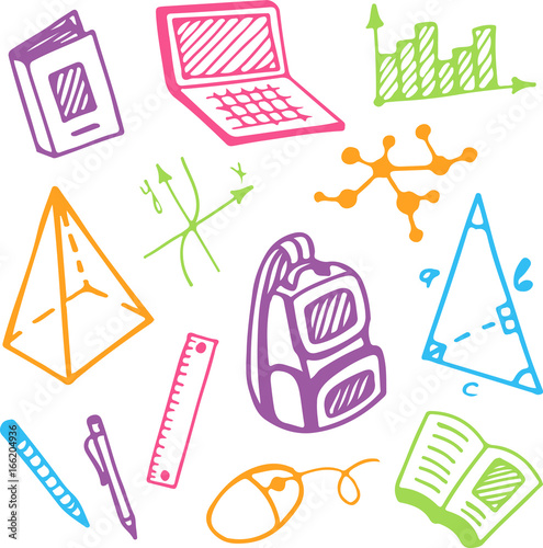 Educational set. Colorful vector illustrations. Accessories for the school, university and college. 