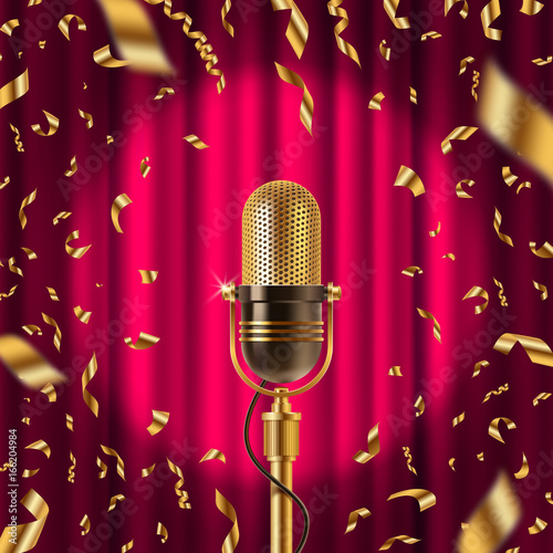 Retro microphone on stage in spotlight against the background of red curtain and golden confetti. Vector illustration