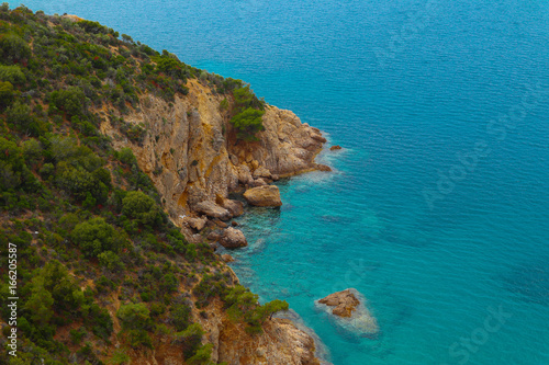Greece, Mediterranean sea, harbor. Greek island Thassos landscape, mountains, beach.