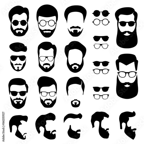 Set of men's faces with different haircuts, mustaches, beards and glasses. Flat design. Silhouettes, emblems, icons, labels isolated on white background. Vector EPS10.
