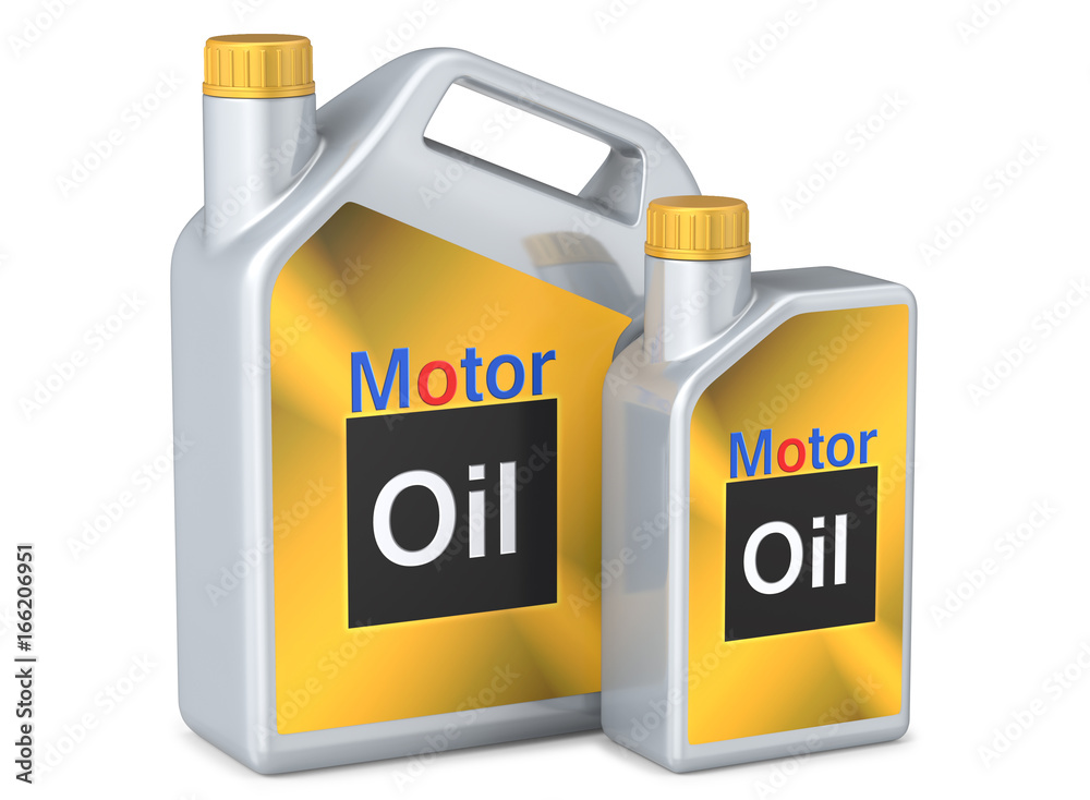 Set of canisters motor oil, 3D render, isolated on white background Set of canisters motor oil, 3D render, isolated on white background