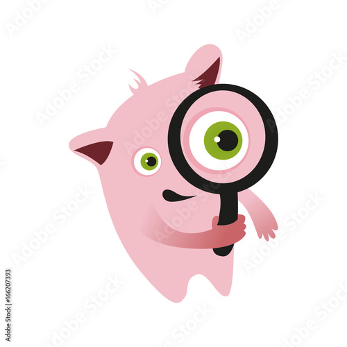 Pink Monster, Illustration for Kids, Magnifying Glass