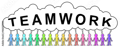 Eine Gruppe von Strichmännchen Hand in Hand mit Sprechblase „TEAMWORK“ / Zeichnung, farbenfroh, schwarz-weiß, Vektor, freigestellt