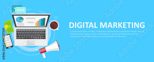 Digital marketing banner. Computer with graphs, money, megaphone and coffee