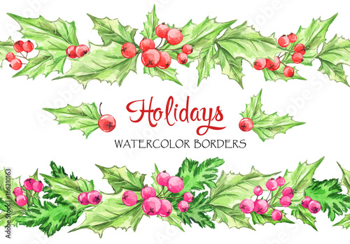 Watercolor horizontal garlands . Hand painted seamless floral borders with rowan and branches. Christmas. New Year. Can be use in winter holidays design, poster, invitation.