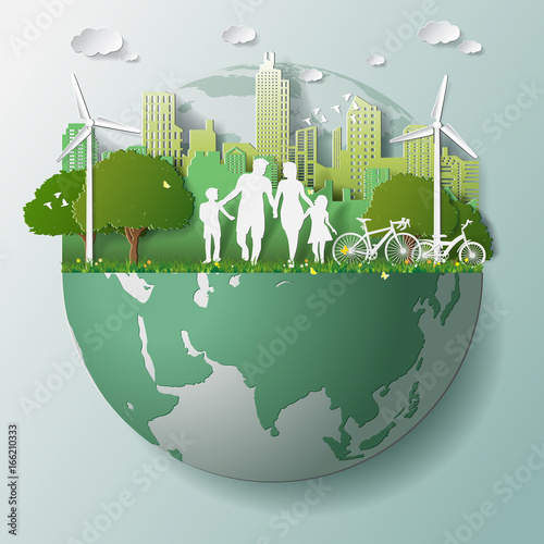 Paper folding art origami style vector illustration. Green renewable energy ecology technology power saving environmentally friendly concepts, family parent boy girl are walking in city parks on globe