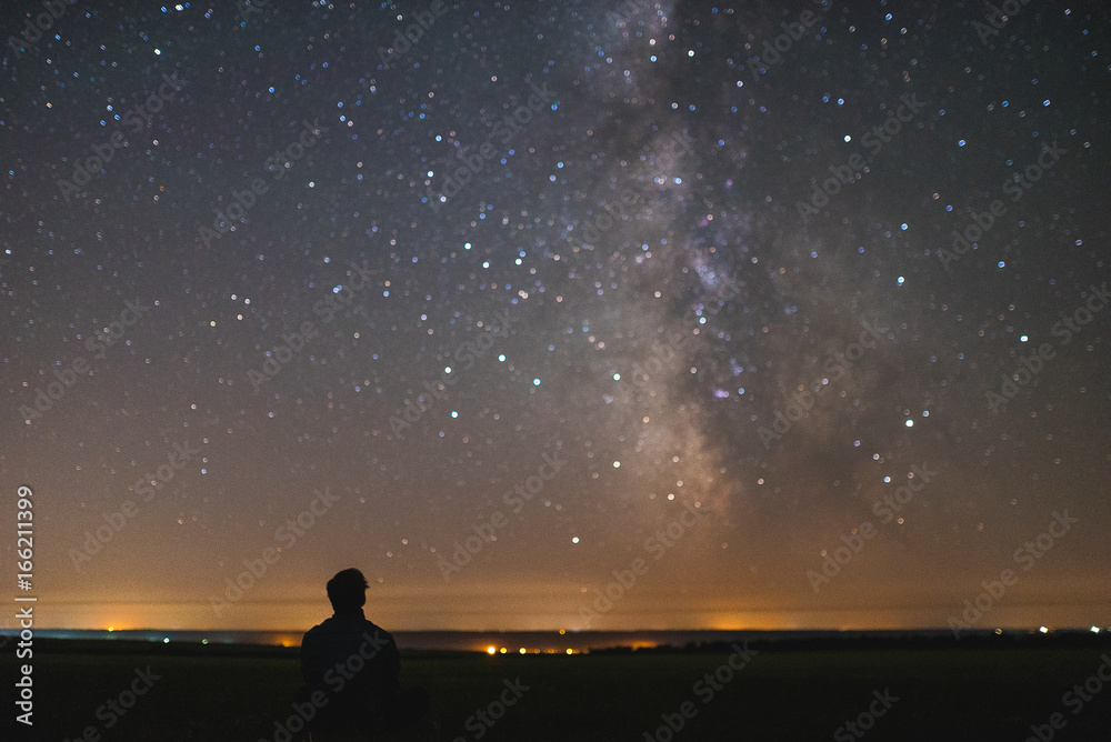 Man under the center of our home galaxy, the Milky Way galaxy, night stars landscape Man under the center of our home galaxy, the Milky Way galaxy, night stars landscape