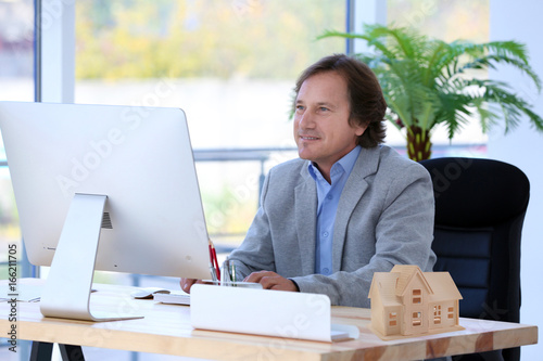 Positive mature man working with computer in office © Africa Studio
