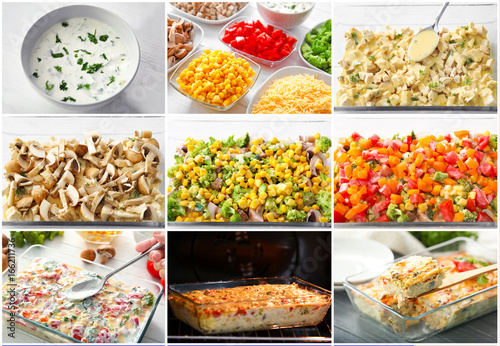Collage with preparation process of turkey casserole