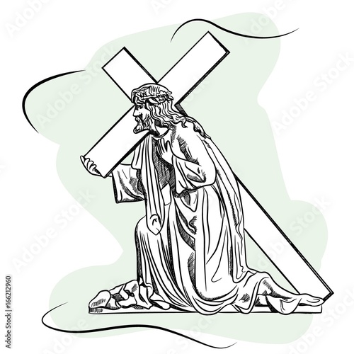 Marble sculpture Jesus Christ, the Son of God wears a cross before crucifixion. Vector illustration