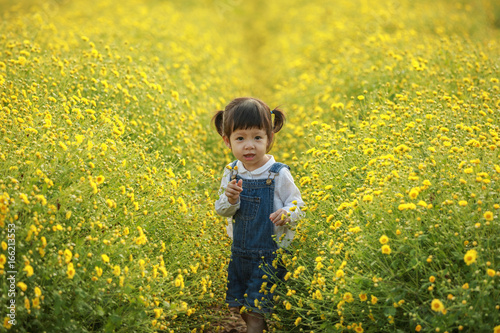 Cute little laughing girl or asian little girl walking in the field of yellow flowers in a sunny summer evening, at the sunset with copy