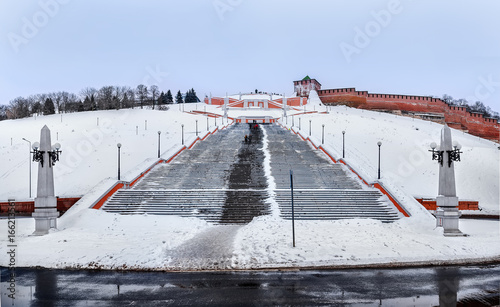 Kremlin is a fortress in the historic city center of Nizhny Novgorod, Chkalov ladder (also Volzhskaya staircase) staircase in Russia. Winter. photo