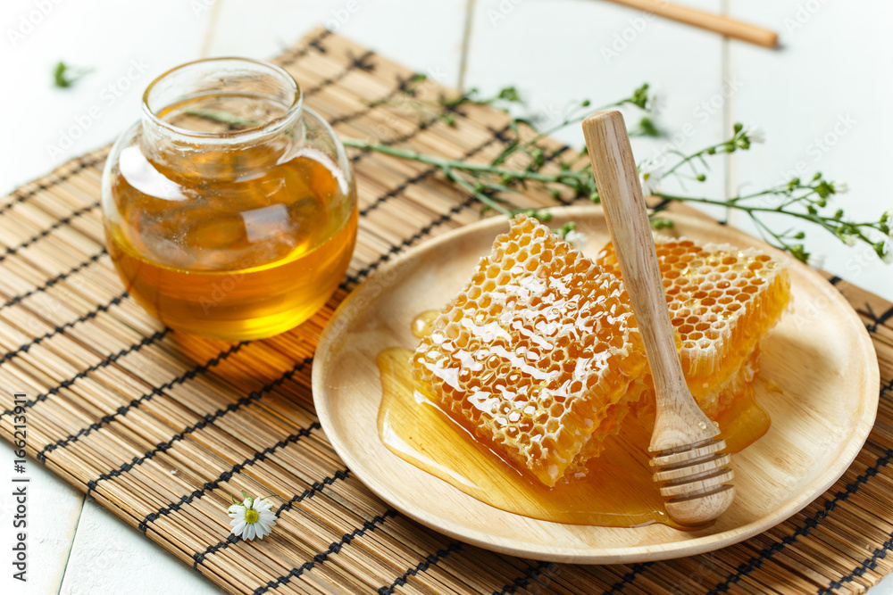 Honeycomb close up on the bamboo placemat