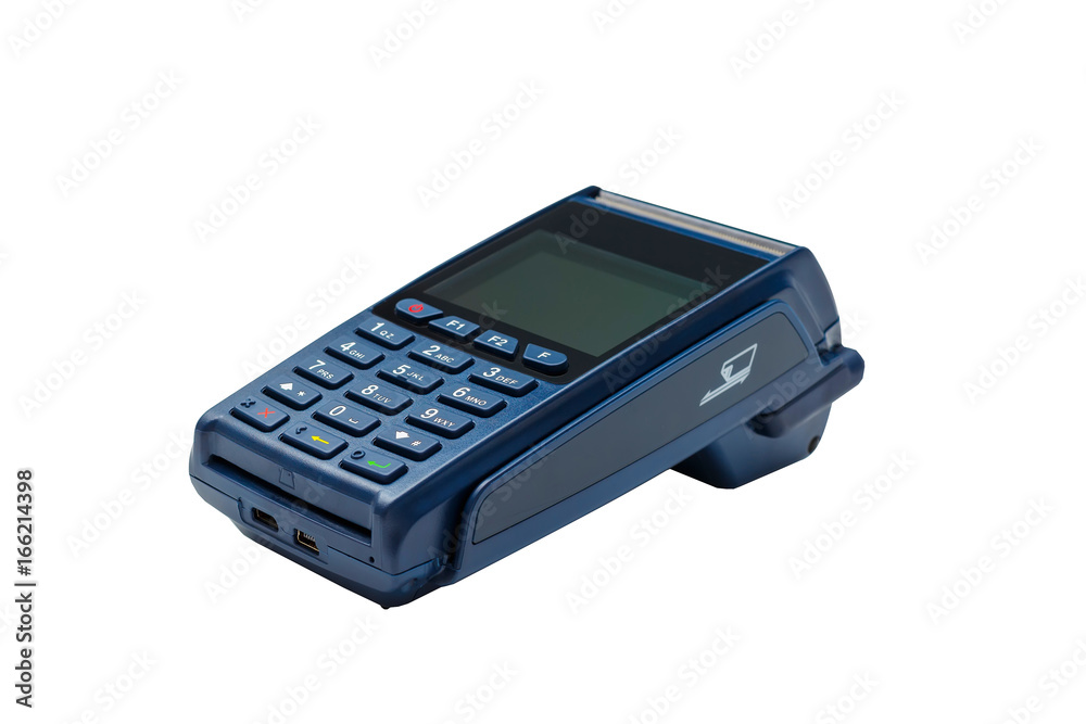 Electronic payment terminal. The case is made of blue plastic. Isolated on white. Electronic payment terminal. The case is made of blue plastic. Isolated on white.