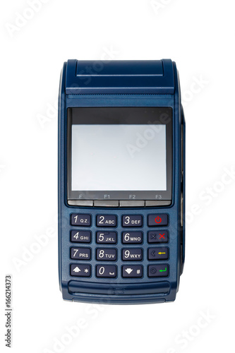 Electronic payment terminal. The case is made of blue plastic. Isolated on white.