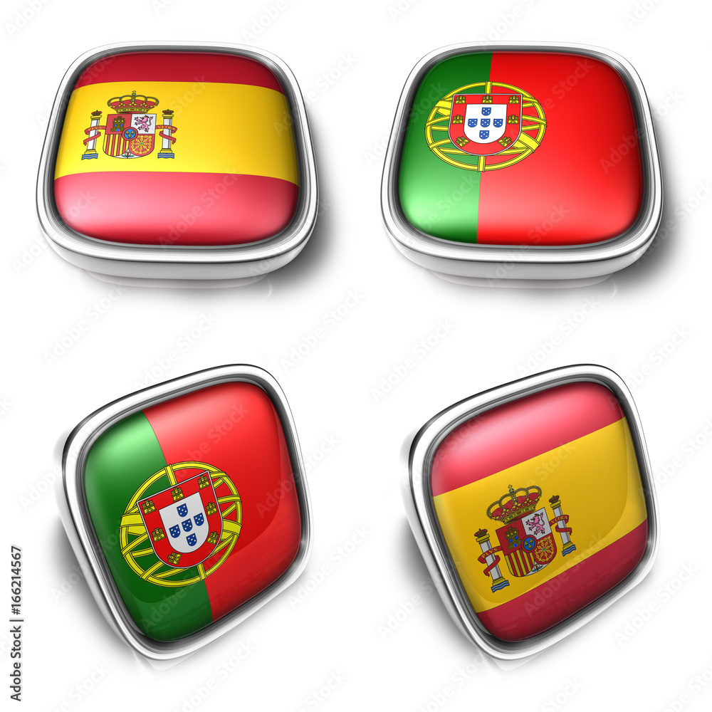 Spain and Portugal 3d metalic square flag Button Icon Design Series. 3D World Flag Button Icon Design Series. Spain and Portugal 3d metalic square flag Button Icon Design Series. 3D World Flag Button Icon Design Series.