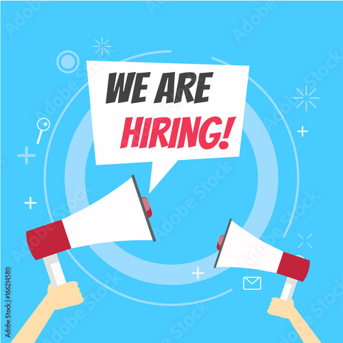 We are hiring banner. Join our team. Blue background and hands holding a megaphone