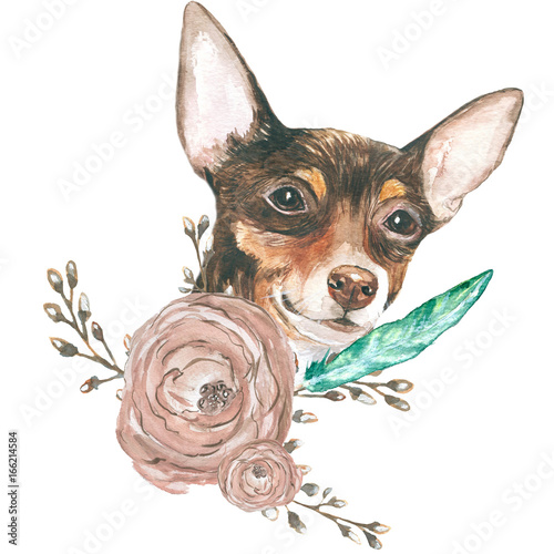 dog flowers. Watercolor close-up portrait of dog isolated on a white background. Funny dog head. Hand drawn cute pet. A popular toy. Greeting card design clip art illustration