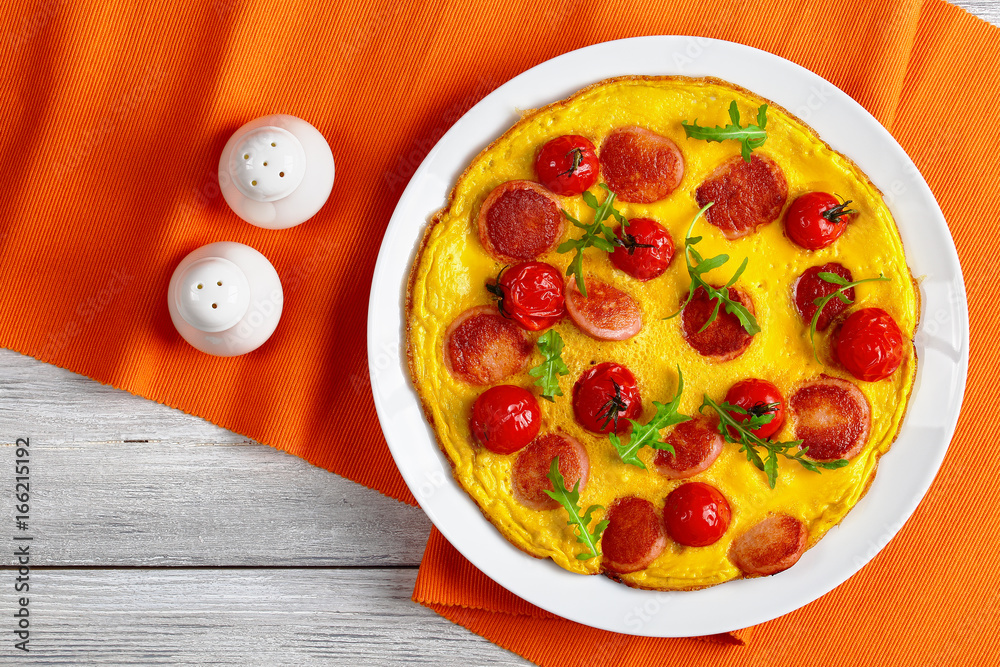 omelette with sausages on white plate omelette with sausages on white plate