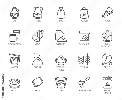 20 line icons on cookery theme. Ingredients for cooking and kitchen accessories. Outline logo isolated on white background. Editable Stroke. 48x48 Pixel Perfect