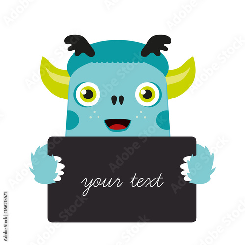Cheerful illustrated monster. The monster holds a sign for your text. Cheerful illustration. Picture for children.