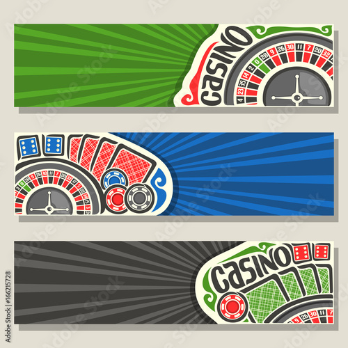 Vector set of gamble banners for Casino: 3 web headers with roulette wheel for gambling game, red backs of playing cards, blue dices for craps, poker chips on green background for text on casino theme