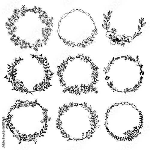 Hand drawn vector set of floral wreaths