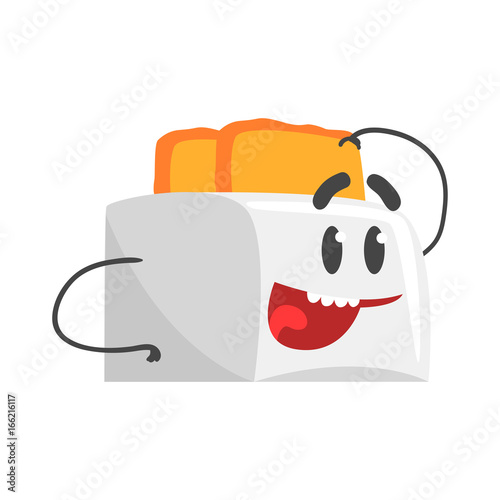 Funny toaster character with smiling face, humanized home electrical equipment vector Illustration