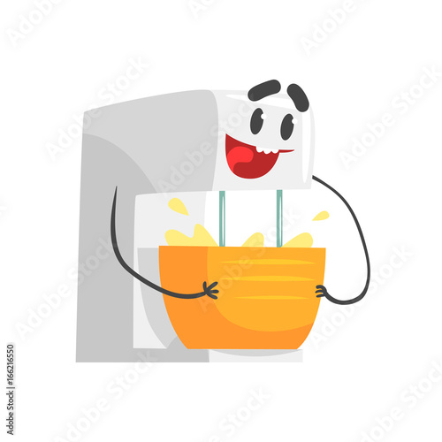 Funny kitchen mixer bowl character with smiling face, humanized home electrical equipment vector Illustration