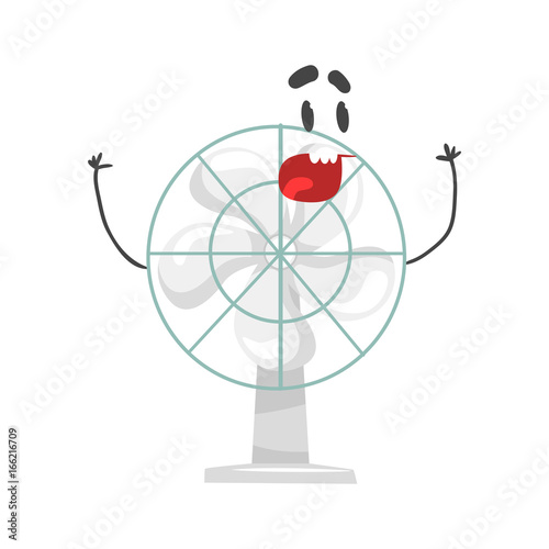 Funny electric fan character with smiling face, humanized home electrical equipment vector Illustration