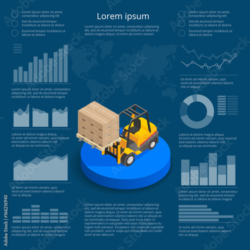 Infographics with data icons, world map charts and design elements of International trade logistics network infographic vector illustration with isometric vehicles for cargo transport