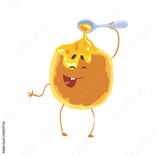 Cute cartoon pancake with honey and smiley face, funny fast food character vector Illustration