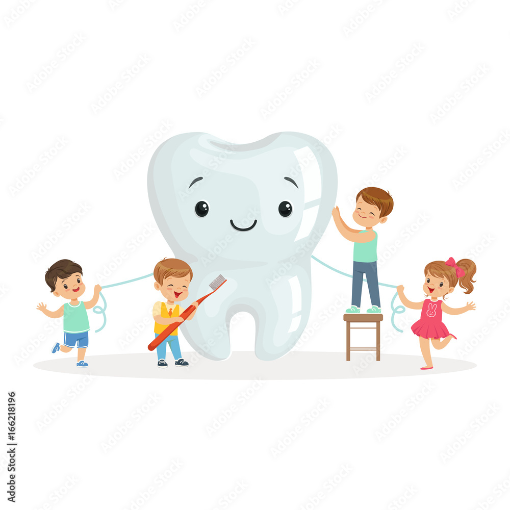 Happy kids cleaning a big tooth with a brush and dental floss, cute cartoon characters vector Illustration