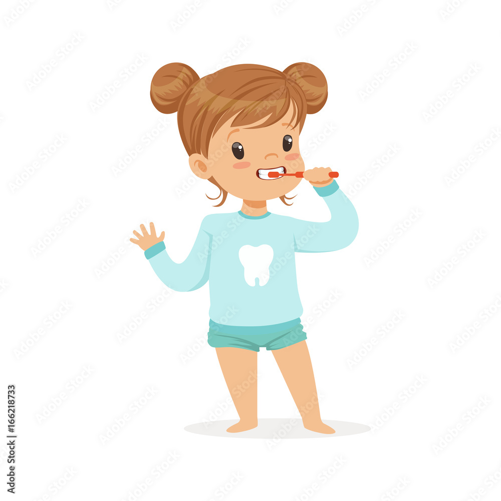 Adorable cartoon girl brushing her teeth, kids dental care vector Illustration