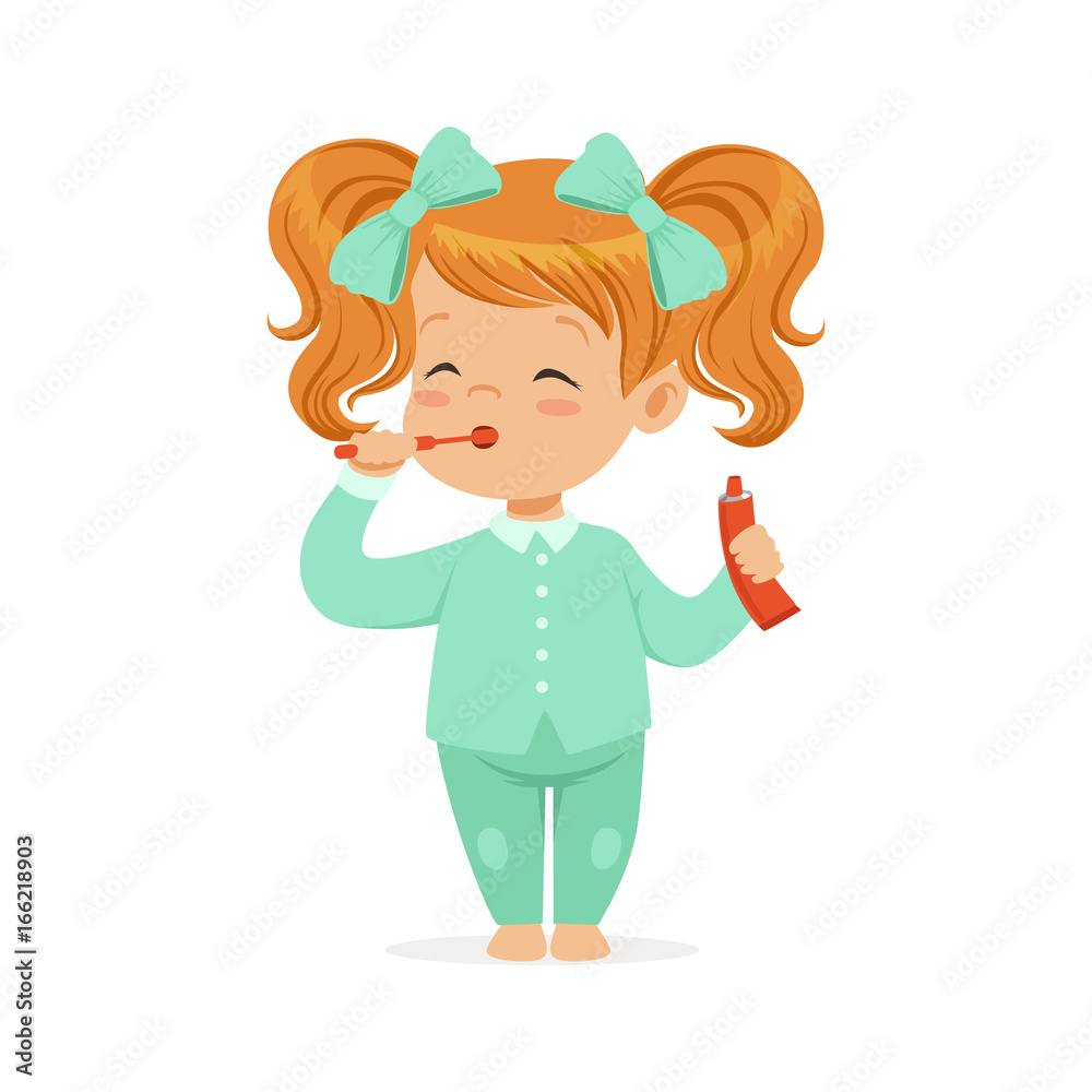Beautiful cartoon redhead girl in a light blue pajamas brushing her teeth, kids dental care vector Illustration Beautiful cartoon redhead girl in a light blue pajamas brushing her teeth, kids dental care vector Illustration