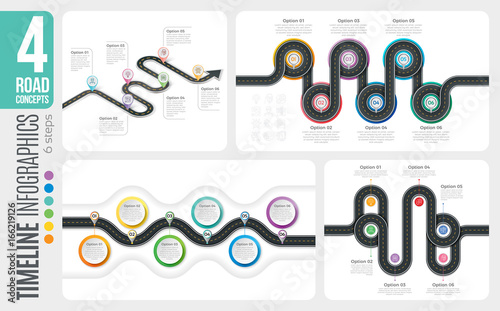 Navigation map 6 steps timeline infographic concepts. 4 winding